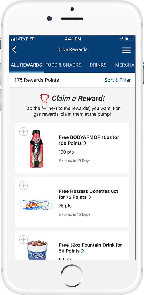screen shot of the rewards page in the app