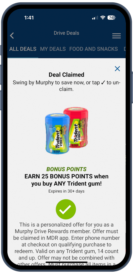 screen shot of a claimed deal in the app