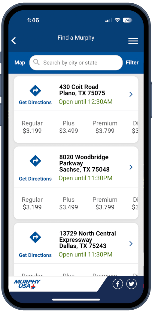 screen shot of the store locater in the app